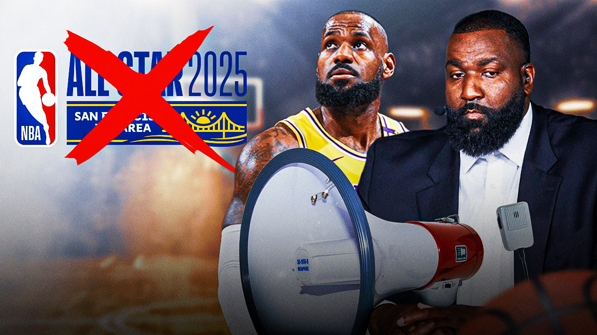 Kendrick Perkins holding a megaphone, and LeBron James next to him, with the All-Star Game logo next to him, that has a big red X going through it.