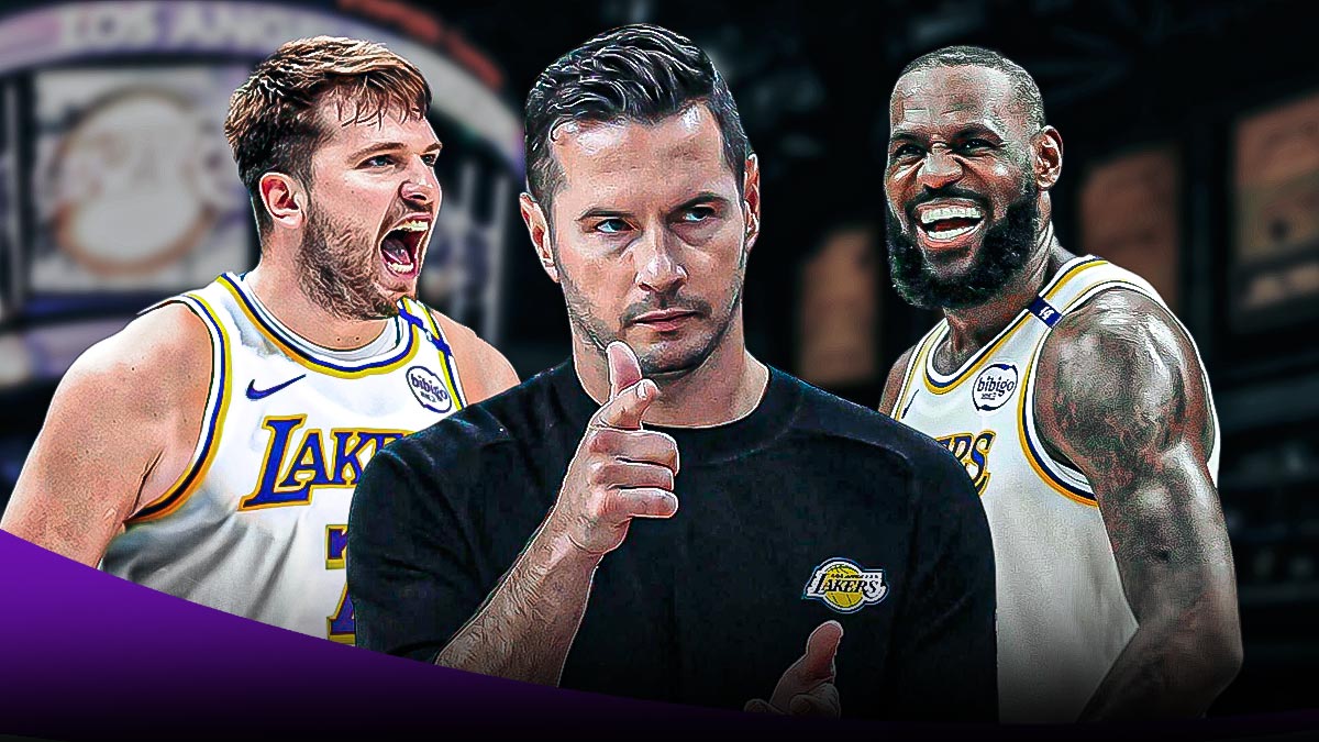 Lakers JJ Redick with Lakers LeBron James and Luka Doncic in Lakers uniform