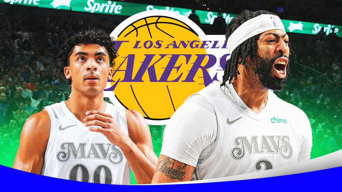 Mavericks' Max Christie and Anthony Davis with a Lakers logo between them