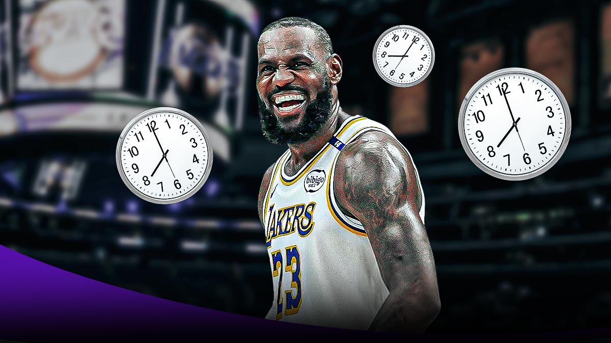 Lakers' LeBron James smiling, with clocks all over him