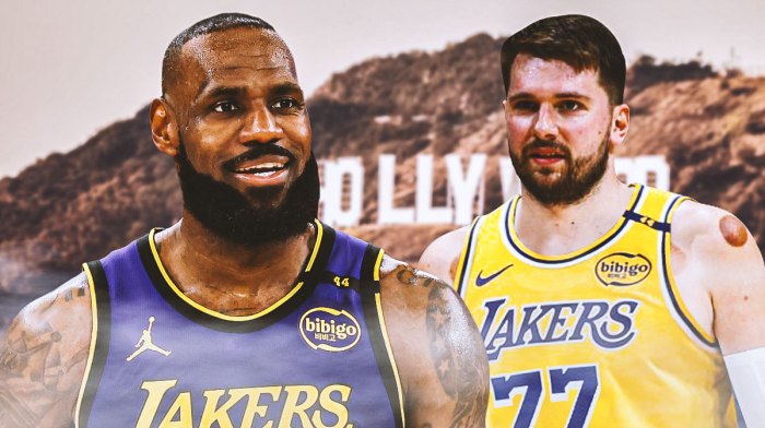 Lakers LeBron James smiling on left, Lakers Luka Doncic on right. Place the Hollywood Sign in Los Angeles in background.