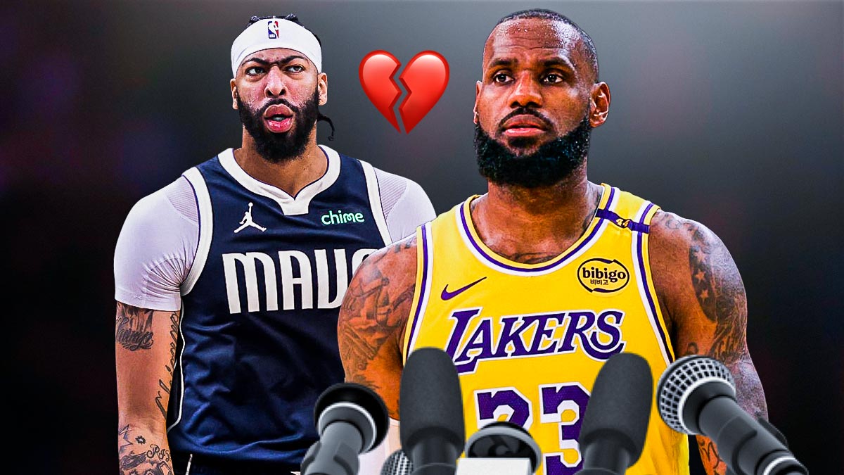 Lakers' LeBron James and Anthony Davis (Mavericks #3 jersey) with heartbreak emoji behind them