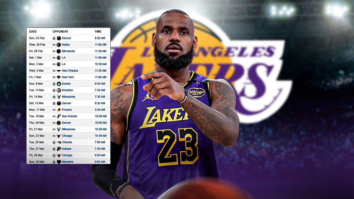 Lakers superstar LeBron James with the Lakers' March schedule next to him and the Lakers logo in the background