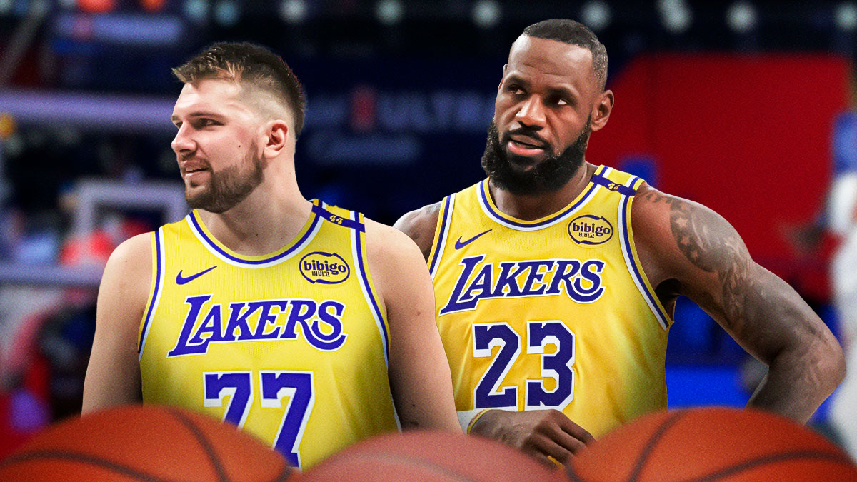 Lakers superstar LeBron James next to Lakers superstar Luka Doncic with the Crypto.com Arena in the background