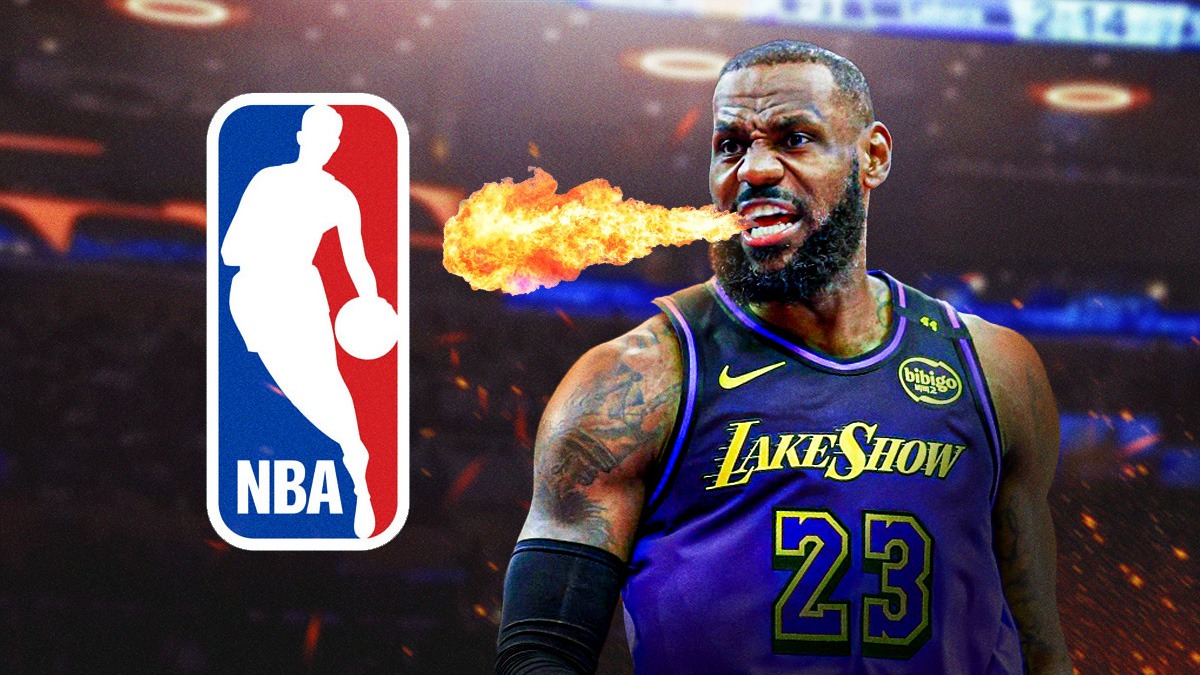 LeBron James breathing fire on the NBA logo.