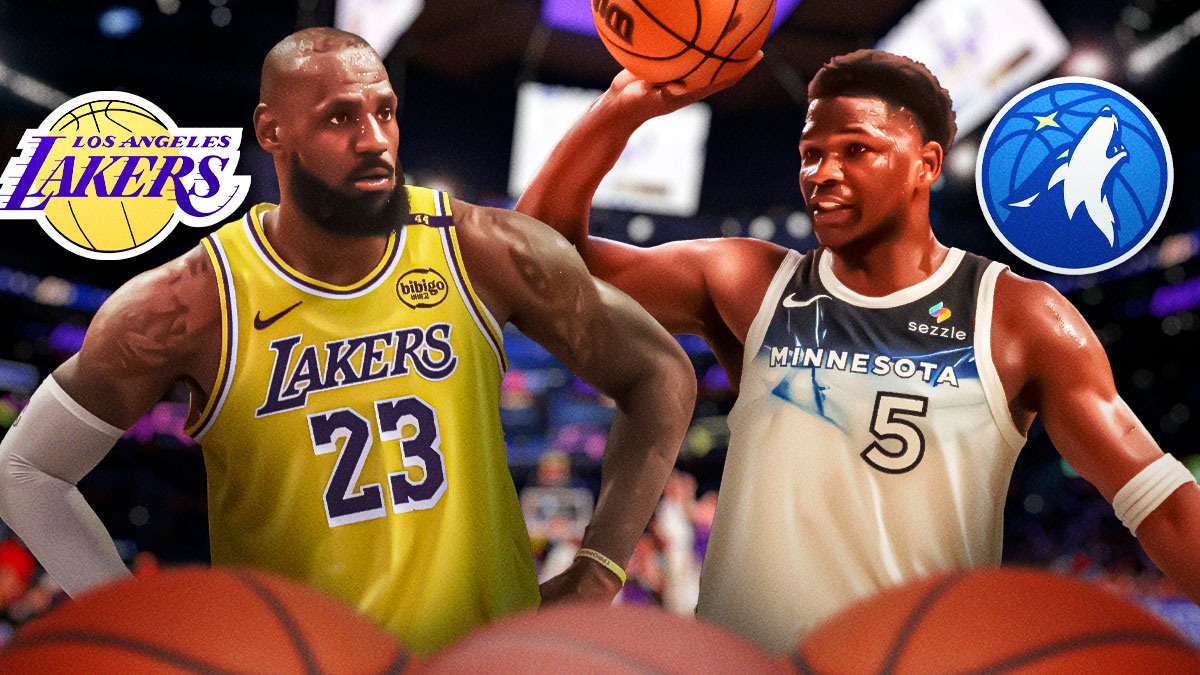 Lakers All-Star LeBron James next to Timberwolves All-Star Anthony Edwards with the Lakers and Timberwolves logos in the background