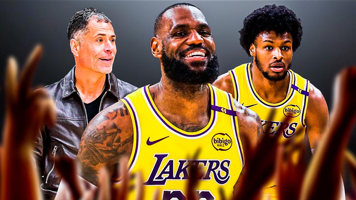 Lakers' LeBron James smiling alongside Rob Pelinka and Bronny James