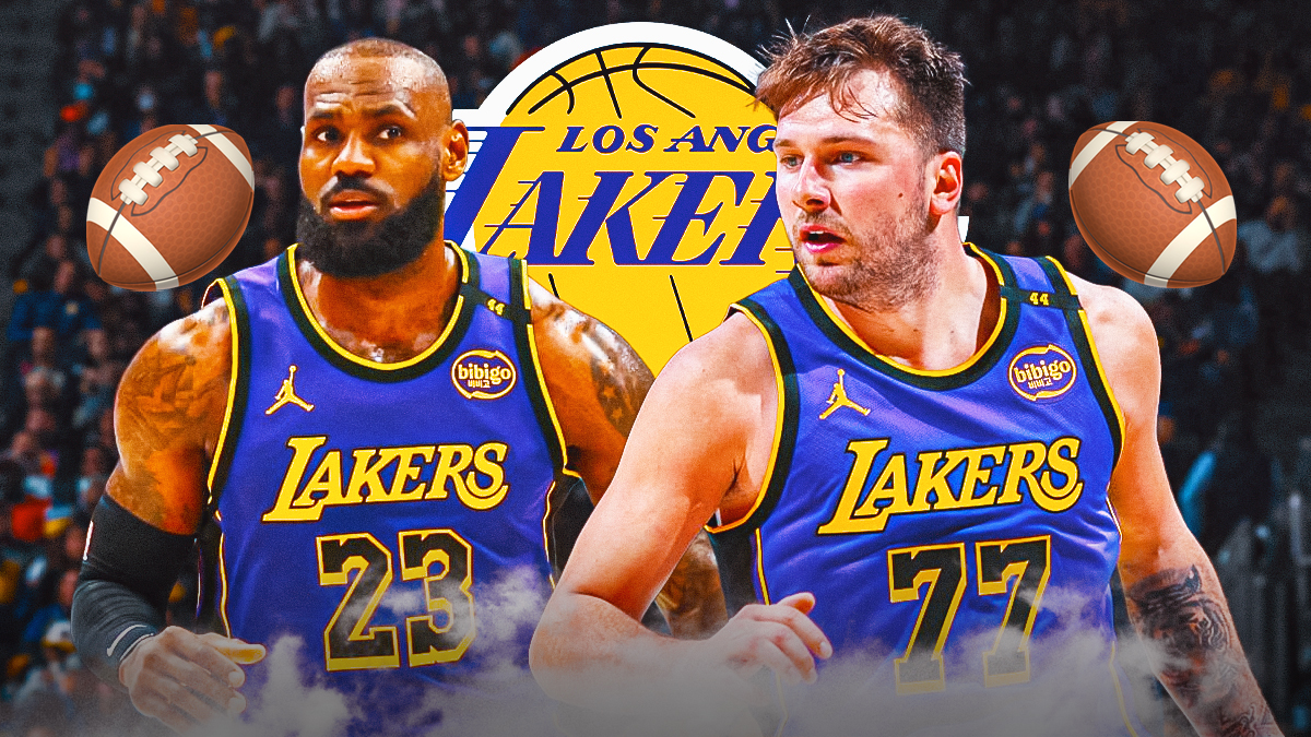 LeBron James, Luka Doncic, LA Lakers logo, football symbols