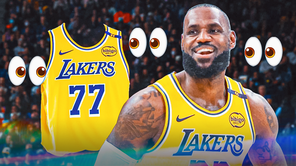 Image of Lakers LeBron James (in a Lakers jersey) smiling and looking at an image of Luka Doncic Lakers Jersey (no Luka in image, just his Lakers jersey). Eyes emoji next to them