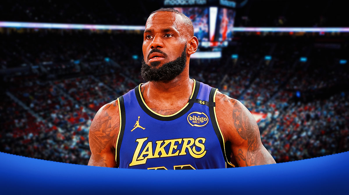 Lakers LeBron James with the Blazers' Moda Center in the background