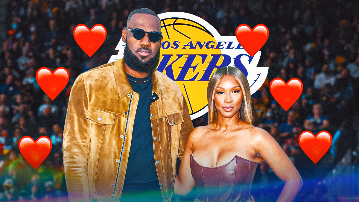 LeBron James and Savannah James in the center, with the Lakers logo in the background and heart emojis all around.