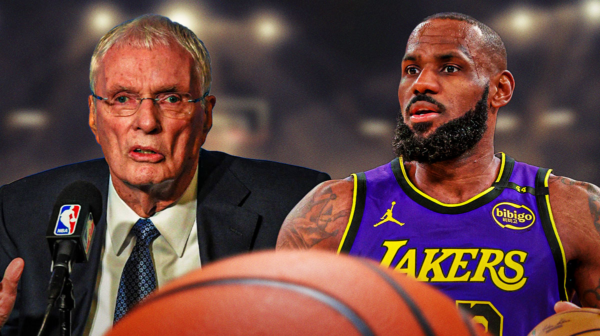 Lakers' LeBron James next to broadcaster Hubie Brown