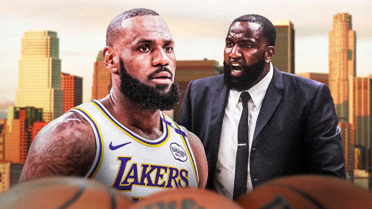 ESPN's Kendrick Perkins next to Lakers superstar LeBron James with the Los Angeles skyline in the background