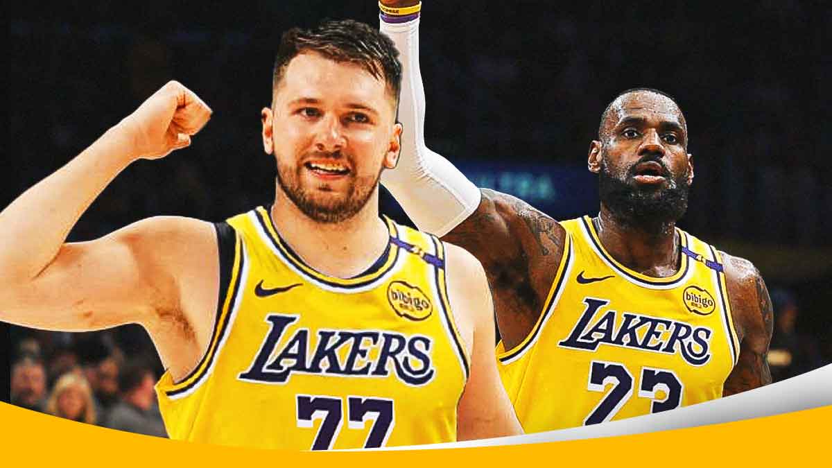 Lakers' Luka Doncic smiling, with LeBron James beside him