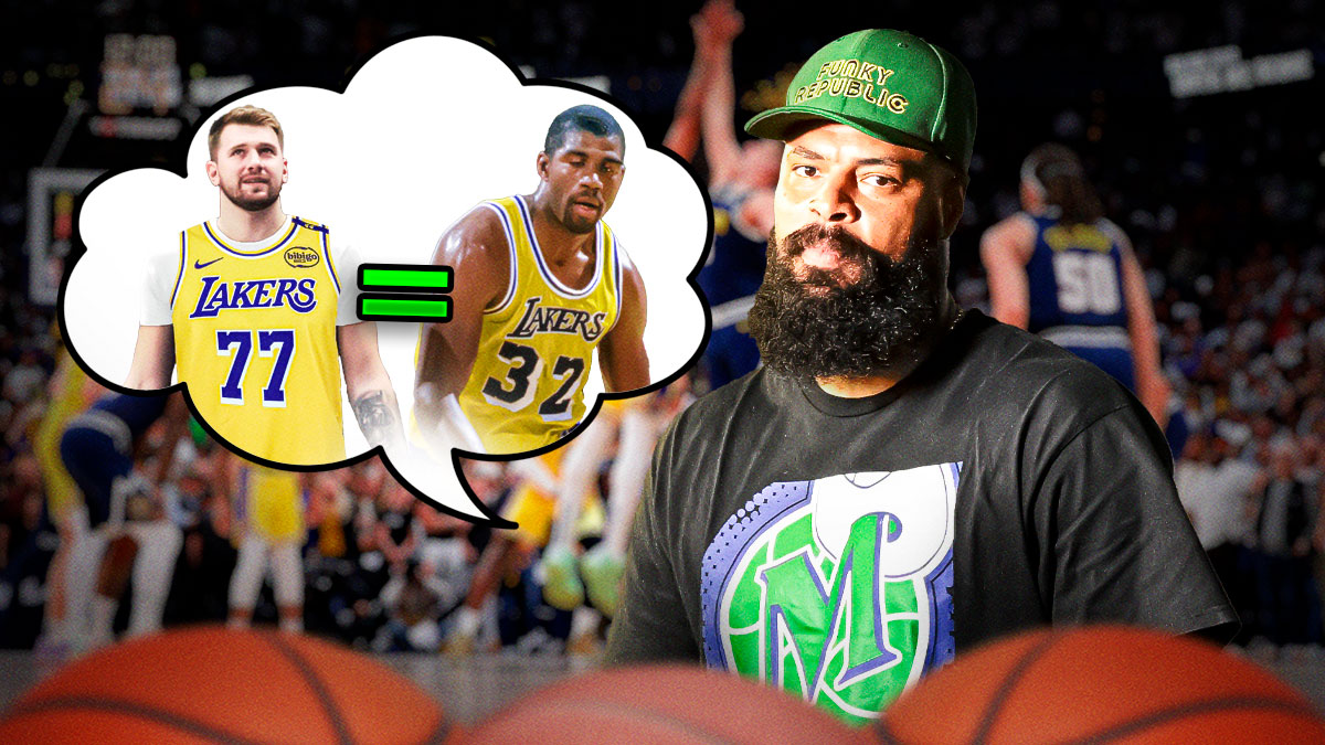 Tyson Chandler with a thought bubble that has Luka Doncic, an equal sign next to him, and next to the equal sign, is a picture of Magic Johnson in a Lakers jersey.
