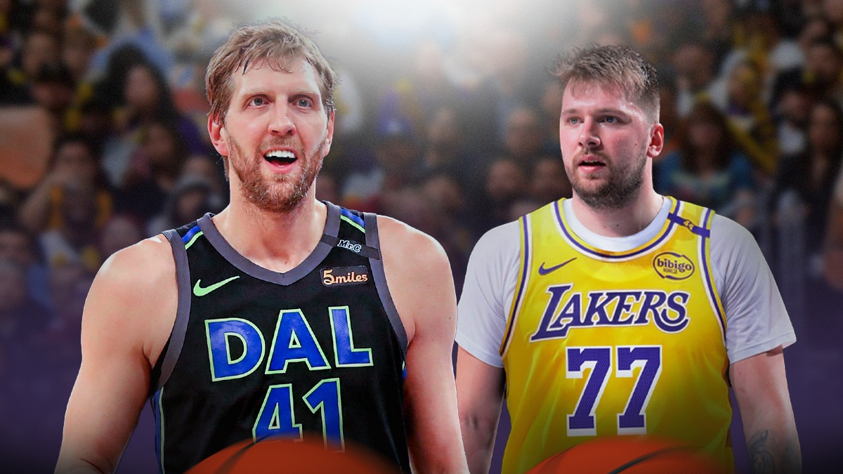 Lakers, Luka Doncic, Dirk Nowitzki, Luka Doncic debut, Luka Doncic Lakers, Luka Doncic (in Lakers uniform) and Dirk Nowitzki (in Mavs uni) with Lakers arena in the background