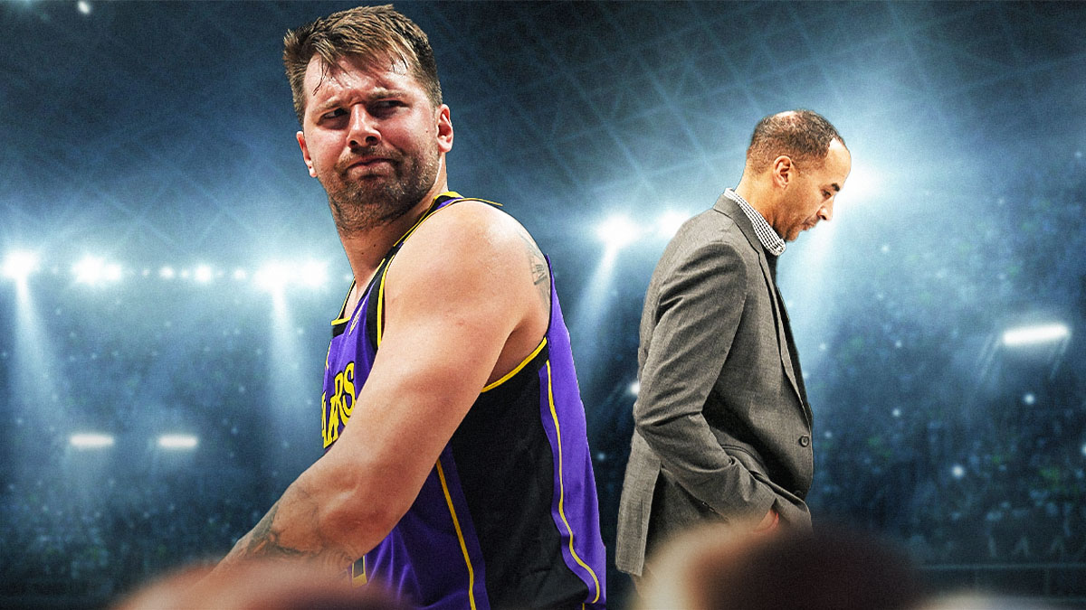 Lakers' Luka Doncic and Mavericks' Nico Harrison with Luka looking the opposite direction