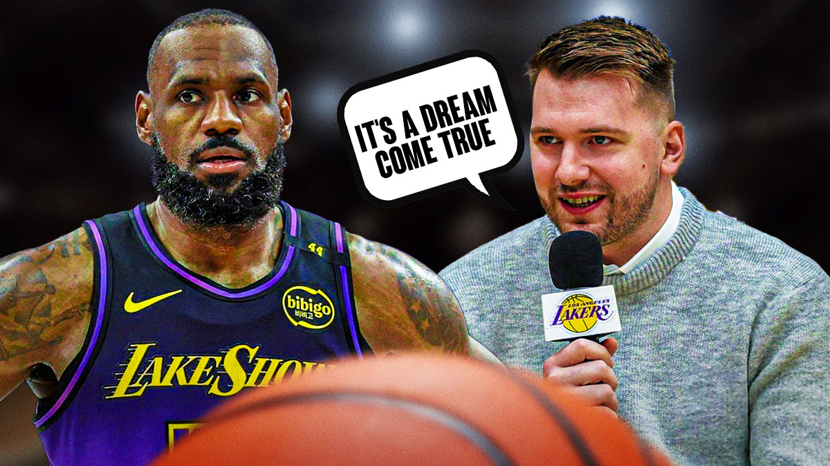Luka Doncic in a Lakers jersey with a thought bubble that says "It's a dream come true" with LeBron James standing next to him.