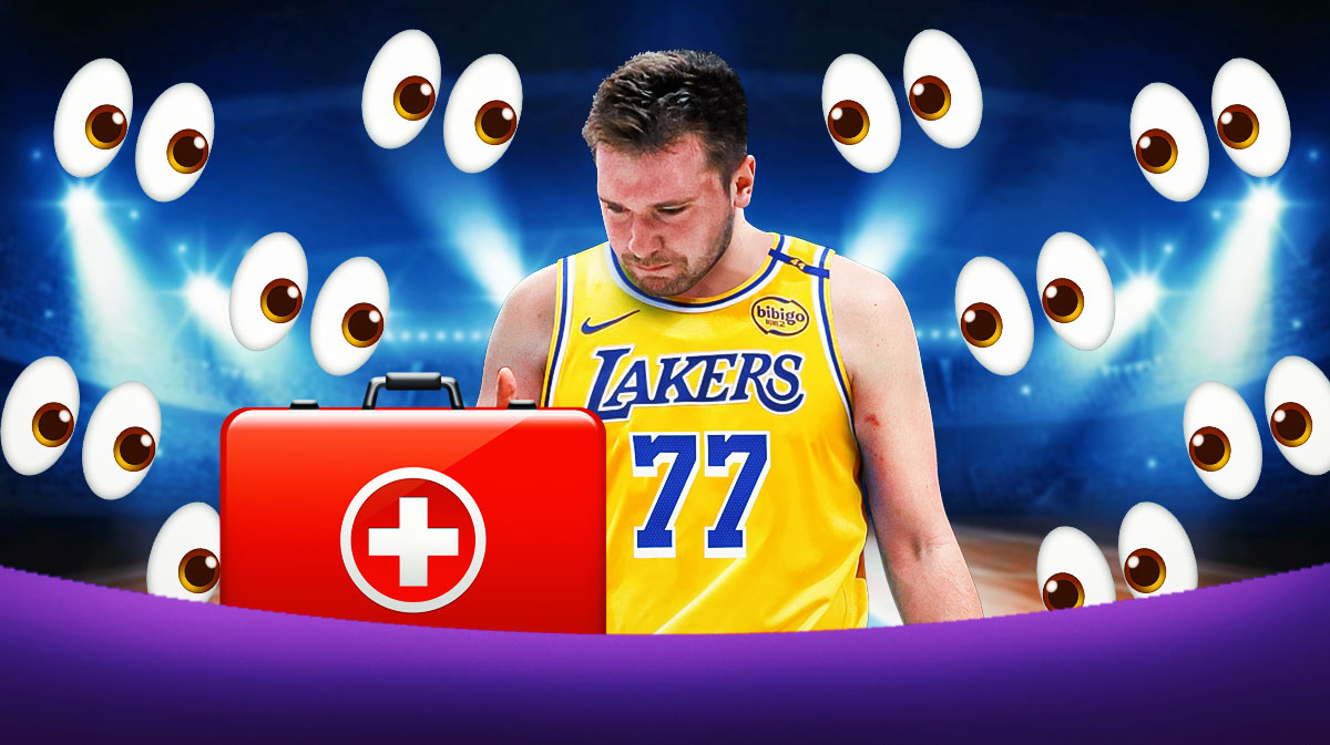 Luka Doncic with an injury kit in front of him and a bunch of the big eyes emojis in the background