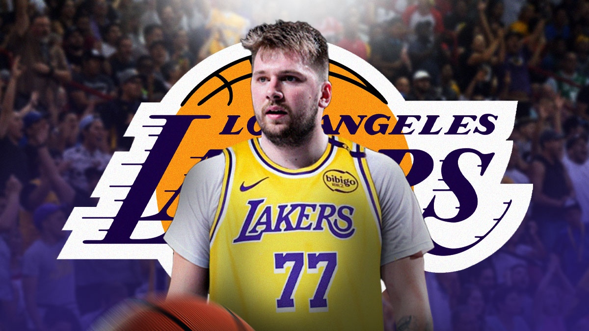 Luka Doncic next to Lakers logo with fans in the background.