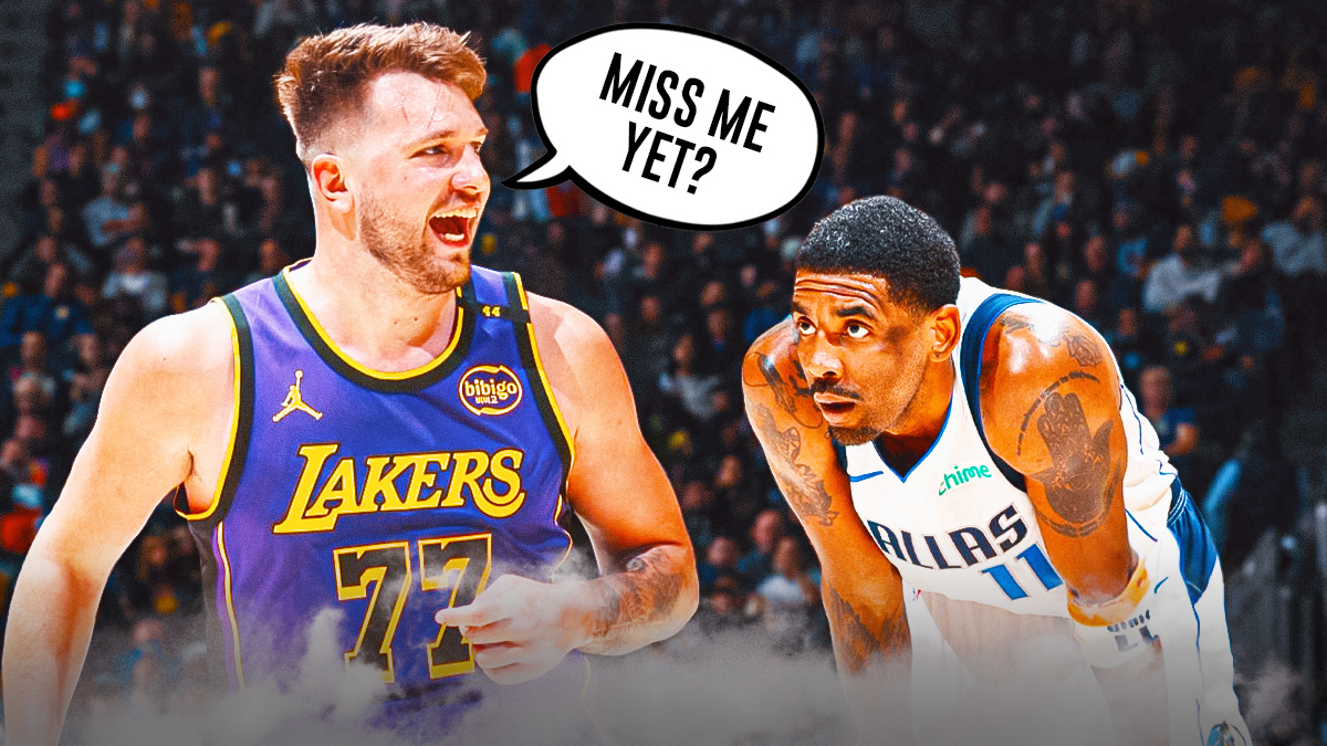Lakers' Luka Doncic smiling, with speech bubble on him: MISS ME YET? with Mavericks' Kyrie Irving looking