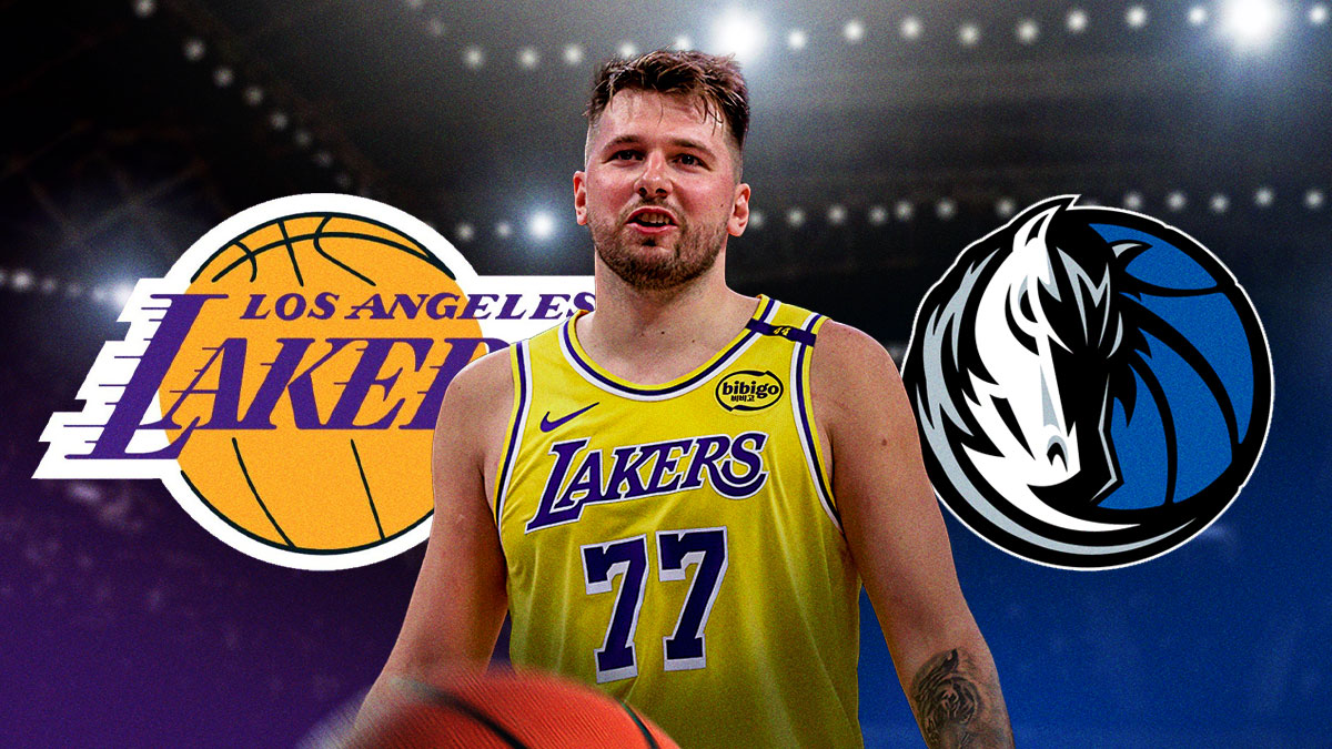 Lakers guard Luka Doncic next to the Lakers and Mavericks logos with the Lakers logo in the background