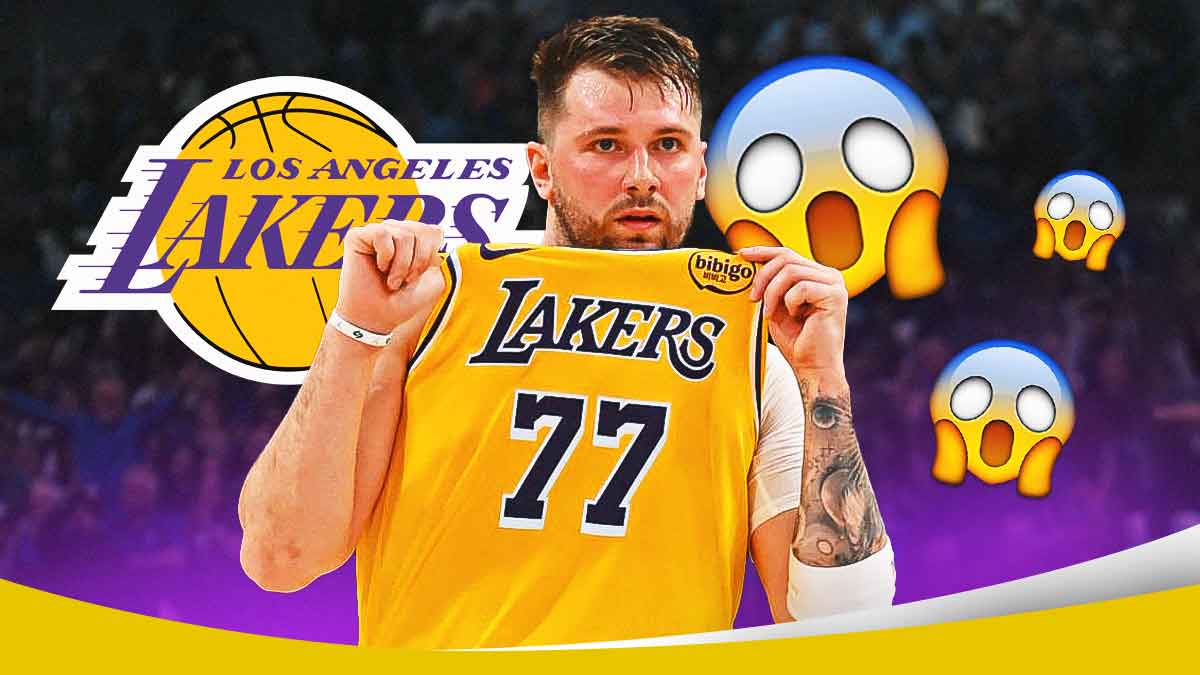 Luka Doncic in the center, with the Lakers logo in the background and shock emojis all around.