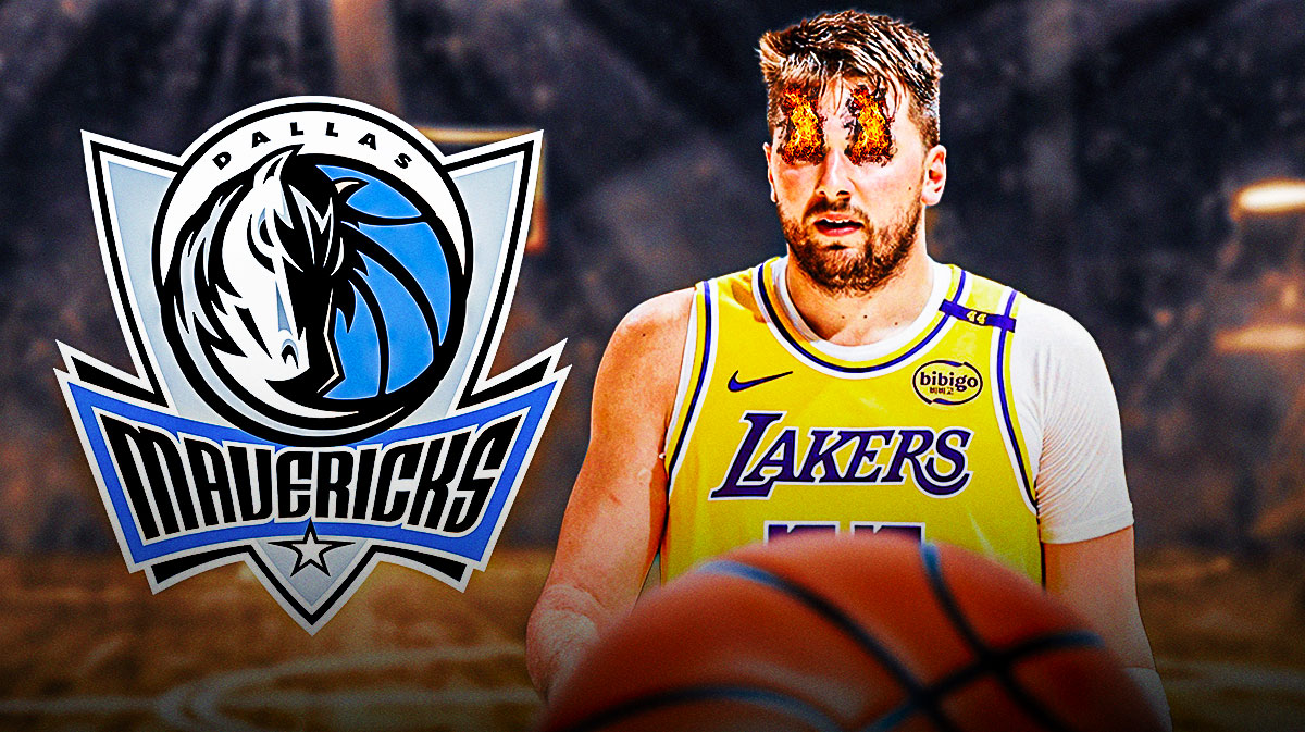 Luka Doncic in a Lakers uniform with fire on his eyes. Mavericks logo next to him