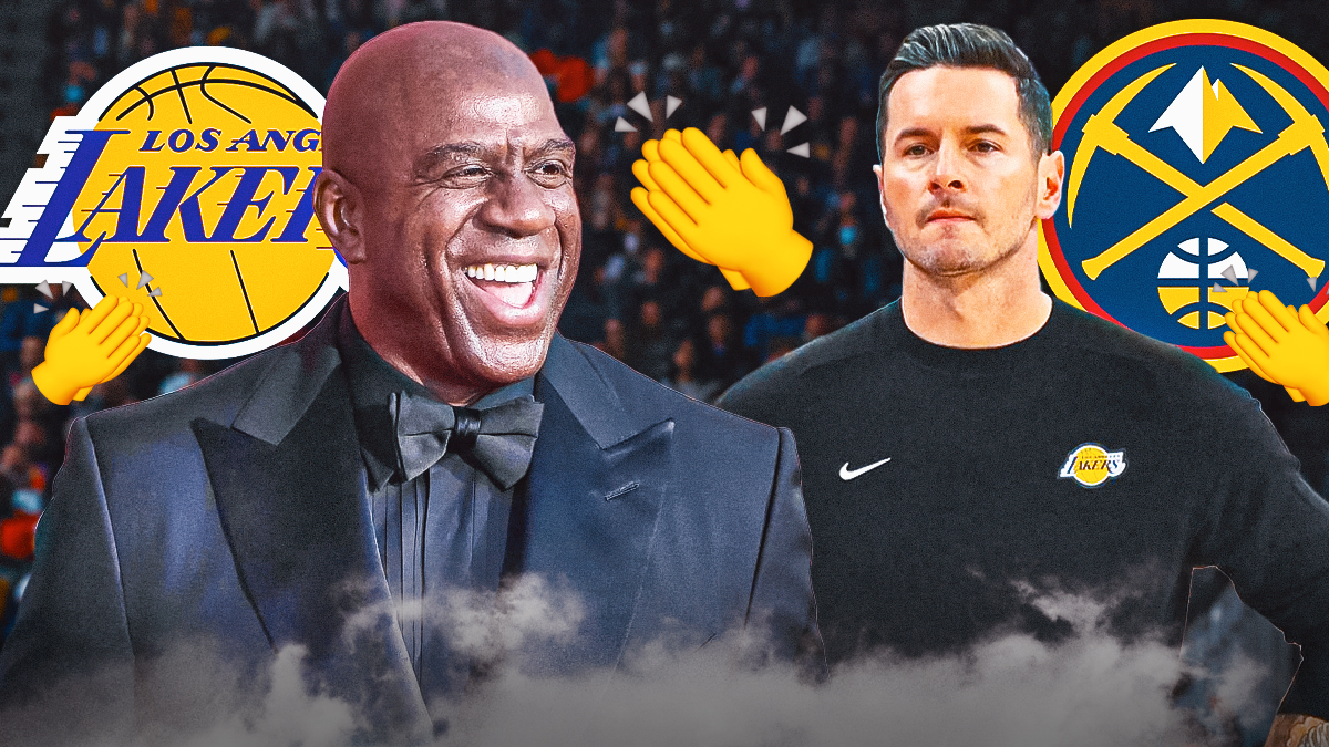 Magic Johnson, JJ Redick, LA Lakers and Denver Nuggets logos in background, clap symbols