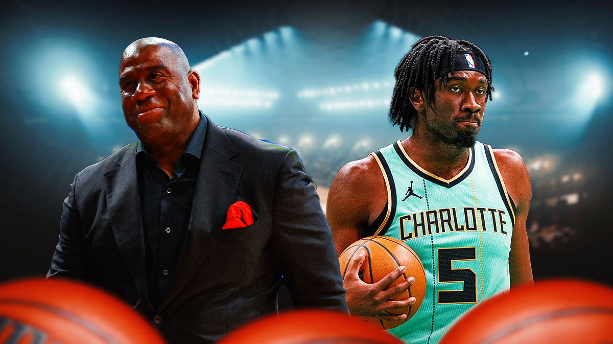 Magic Johnson in a suit, and Mark Williams in a Hornets jersey.