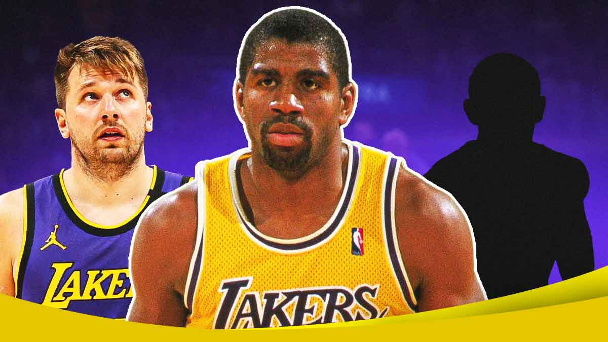 Magic Johnson in the middle, Lakers' Luka Doncic on one side with confused face and a dark silhouette of a basketball player on the other side