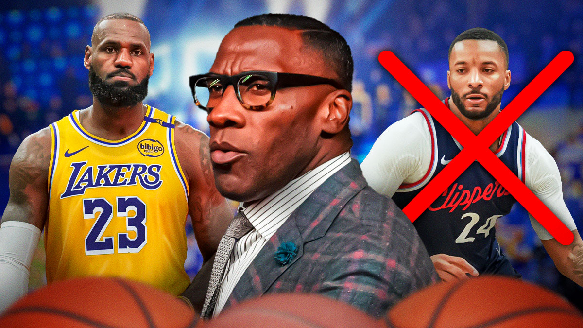 Shannon Sharpe with angry emojis next to him, as well as LeBron James in a Lakers jersey. There's also Norman Powell who has a big red X going through him
