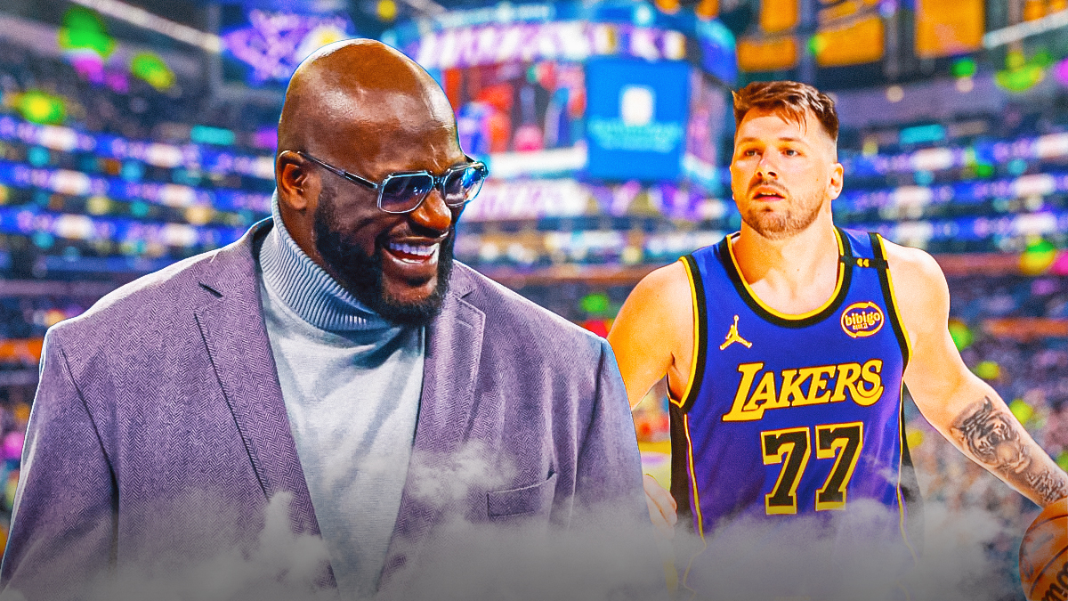 Shaq next to Luka Doncic on the Lakers court.