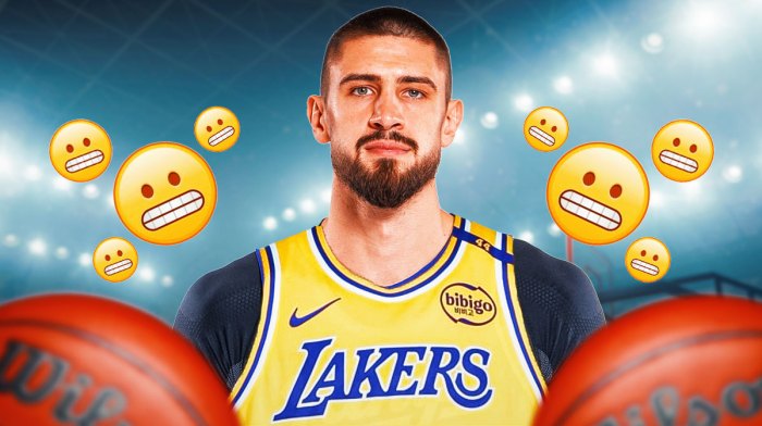 Alex Len in a Lakers jersey with nervous emojis around the picture.