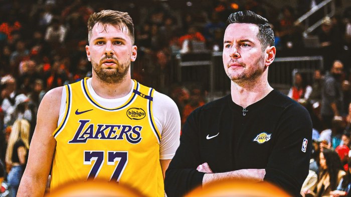 Los Angeles Lakers player Luka Doncic and Lakers head coach JJ Redick
