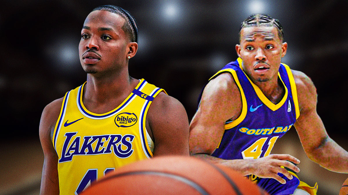 A double image of NBA player Quincy Olivari. One of him in his old LA Lakers jersey and the other of him in his South Bay Lakers jersey, G League