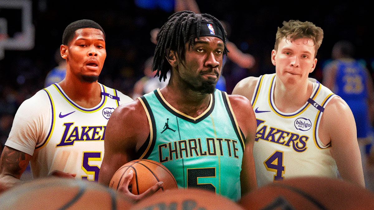 Mark Williams in the middle with Los Angeles Lakers stars Dalton Knecht and Cam Reddish on either side.