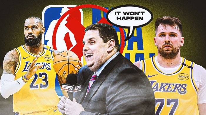 Brian Windhorst with a thought bubble that says "It won't happen" with Luka Doncic and LeBron James in Lakers jersey, and the NBA Finals logo next to them. The NBA Finals logo has a big, red X going through it.