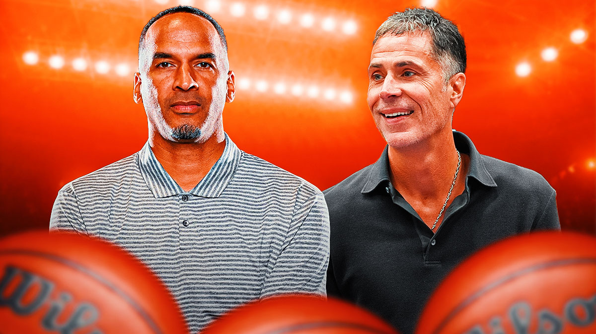 Dallas Mavericks GM Nico Harrison and Los Angeles Lakers GM Rob Pelinka