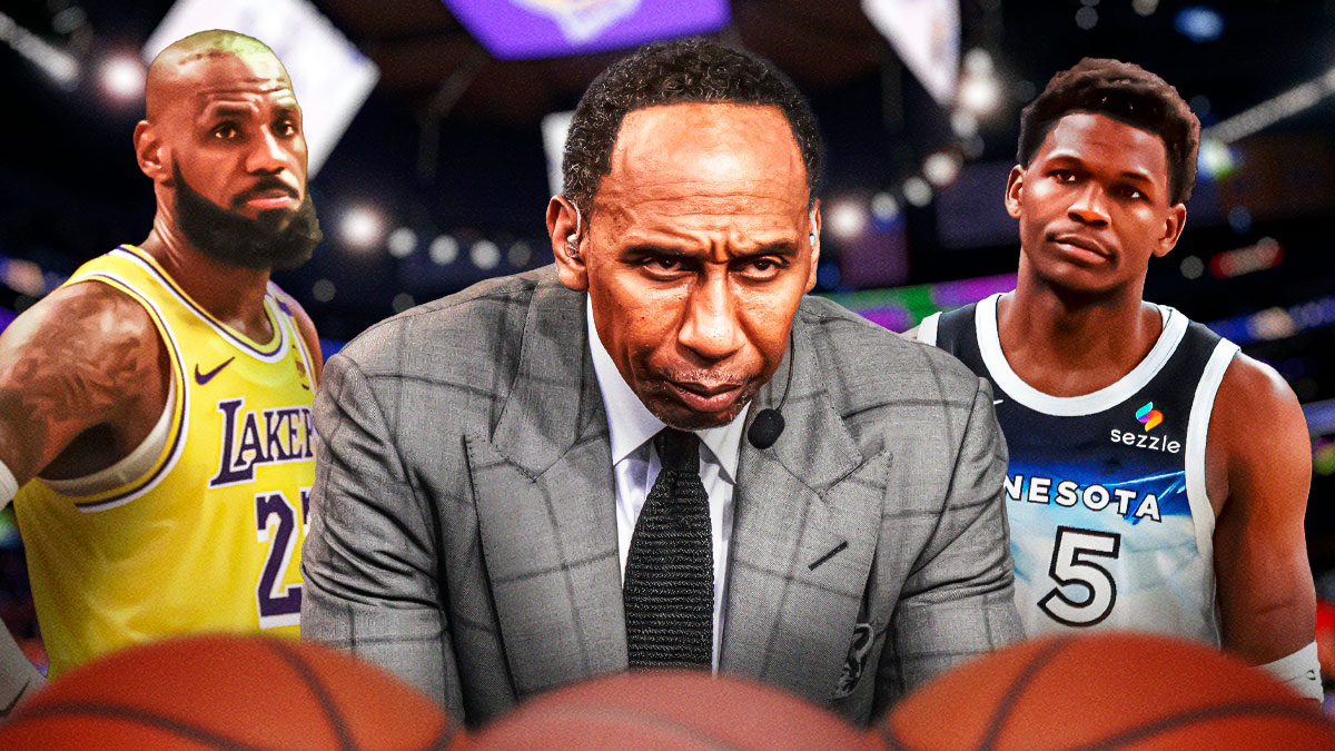 ESPN's Stephen A Smith in between Lakers superstar LeBron James and Timberwolves All-Star Anthony Edwards