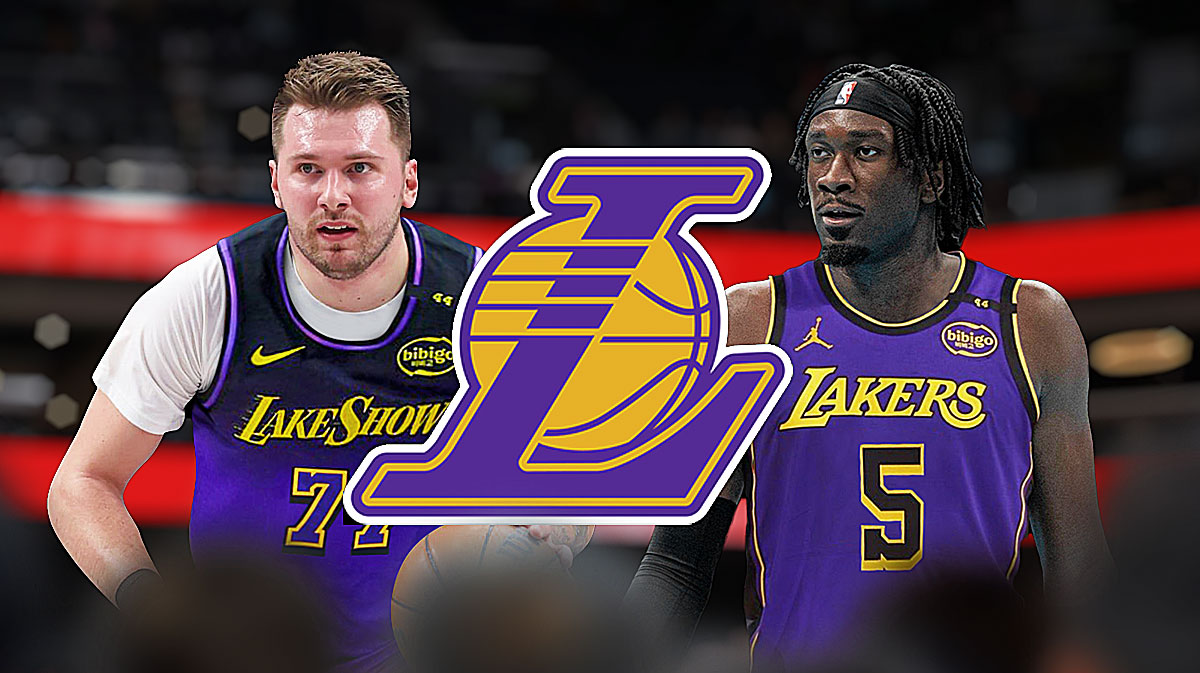 Luka Doncic and Mark Williams on either side, Los Angeles Lakers logo in middle, basketball court in background