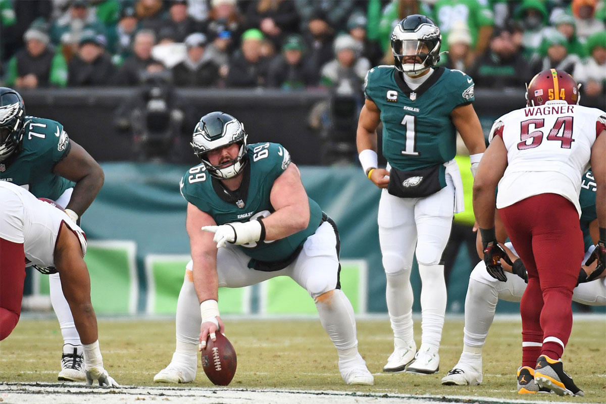 Jan 26, 2025; Philadelphia, PA, USA; Philadelphia Eagles guard Landon Dickerson (69) against the Washington Commanders in the NFC Championship game at Lincoln Financial Field.