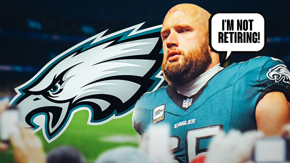 Philadelphia Eagles tackle Lane Johnson with a speech bubble that says "I'm not retiring!" There is also a logo for the Philadelphia Eagles.