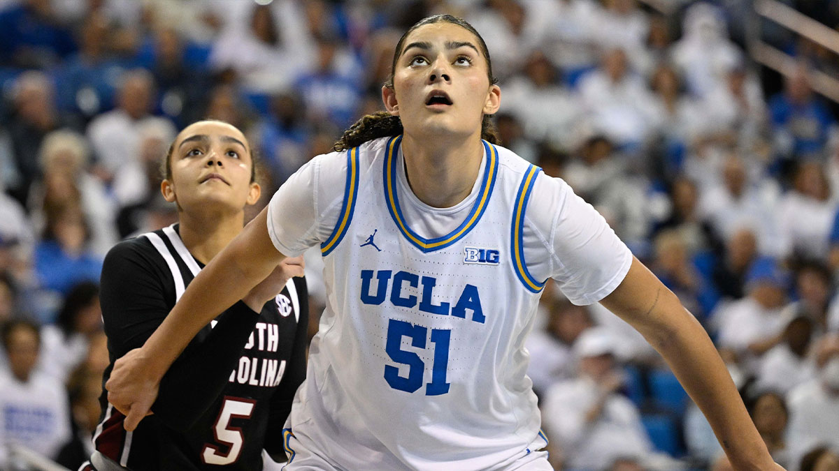 UCLA Bruins center Lauren Betts (51) and South Carolina Gamecocks guard Tessa Johnson (5) during the third quarter at Pauley Pavilion presented by Wescom.