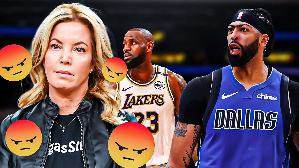 LeBron James and Anthony Davis (in a Dallas Mavericks uniform) on one side, Jeanie Buss on the other side with angry emojis around her