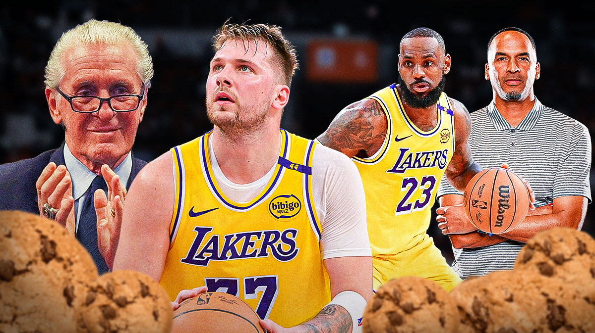 Collage of images of LeBron James, Luka Dončić, cookies, Nico Harrison and Pat Riley