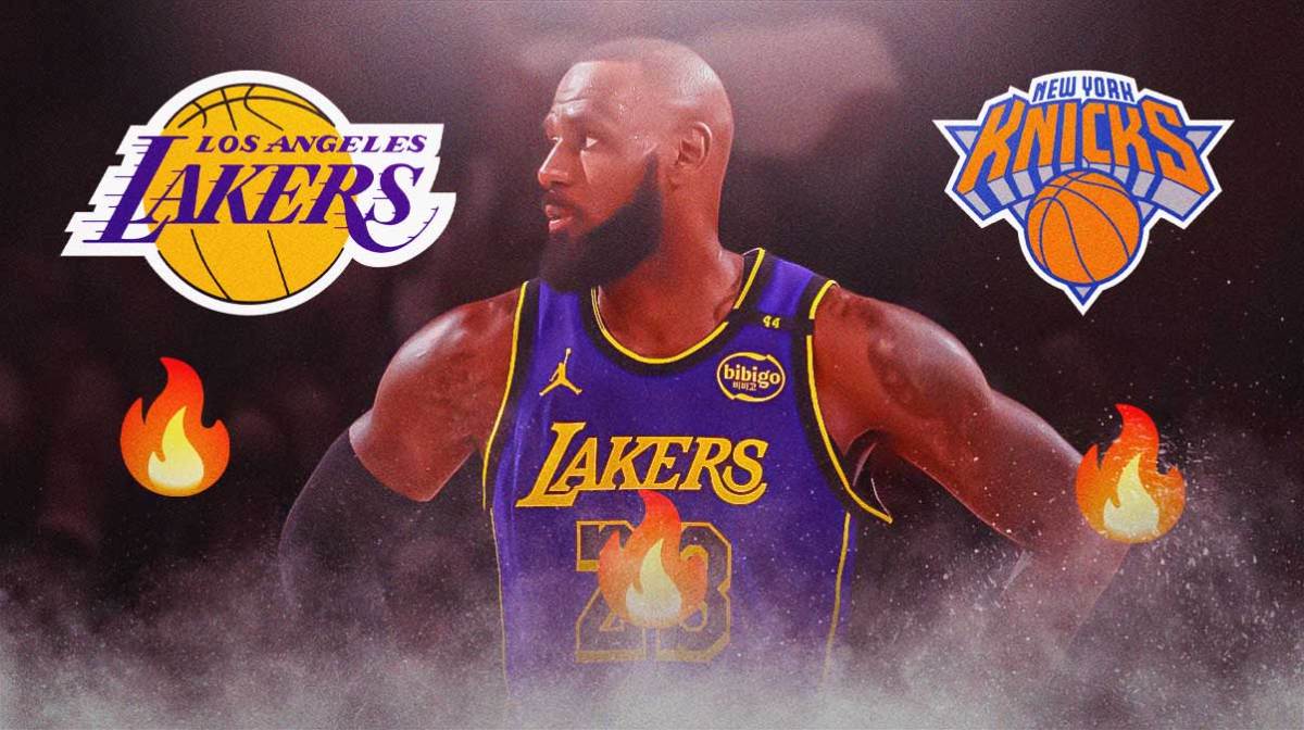 LeBron James, Los Angeles Lakers and New York Knicks logos in background, fire symbols surrounding James