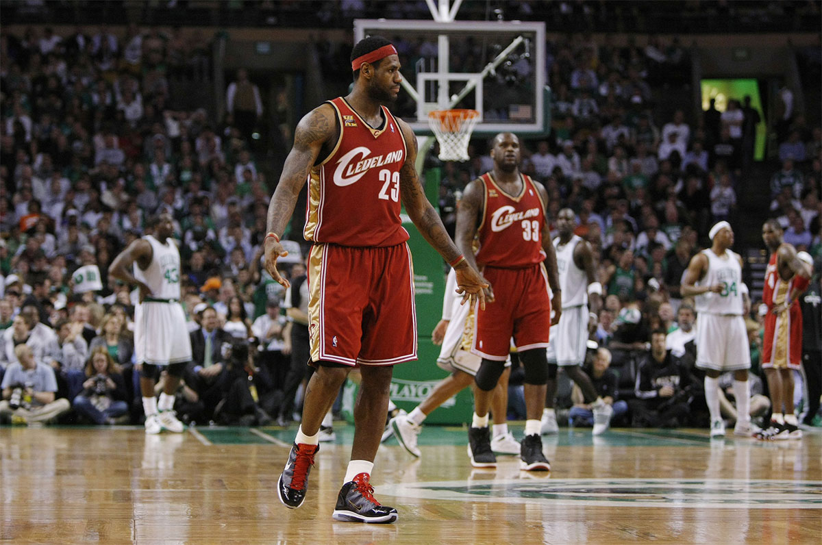 Cleveland Cavaliers forward LeBron James (23) and center Shaquille O'Neal (33) react after a play during the second half in game six of the eastern conference semifinals in the 2010 NBA playoffs against the Boston Celtics at TD Garden.