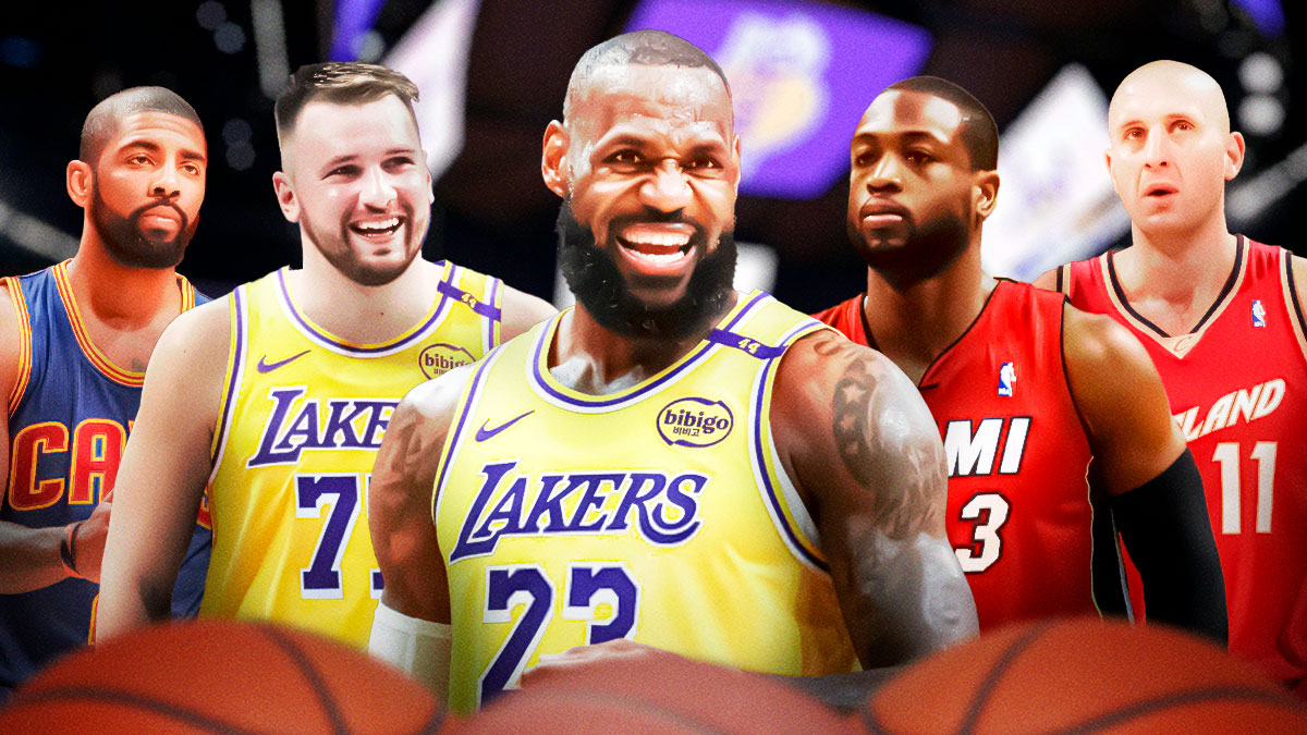 LeBron James in the middle. Around him are Luka Doncic (photoshopped in Lakers 77 jersey), Dwyane Wade (Heat), Kyrie Irving (Cavaliers), and Zydrunas Ilgauskas (Cavaliers)