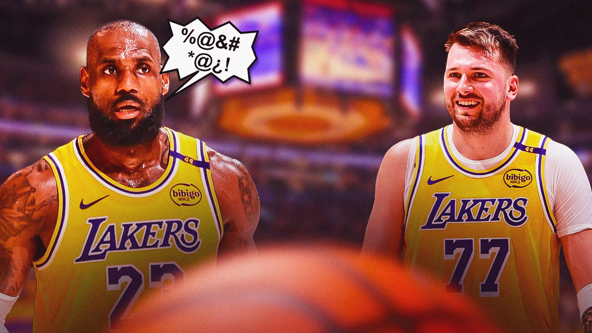 Lakers' LeBron James with speech bubble on him containing grawlix, with Luka Doncic smiling at him